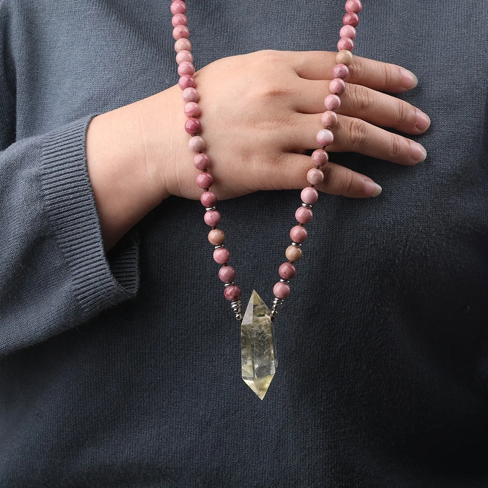 Red Stone Rhodonite Boho Mala Yoga 108 Prayer Bead Necklace with Double Point Citrine Quartz Pendant, As picture
Red Stone Rhodonite Boho Mala Yoga 108 Prayer Bead Necklace with Double Point Citrine Quartz Pendant, As picture