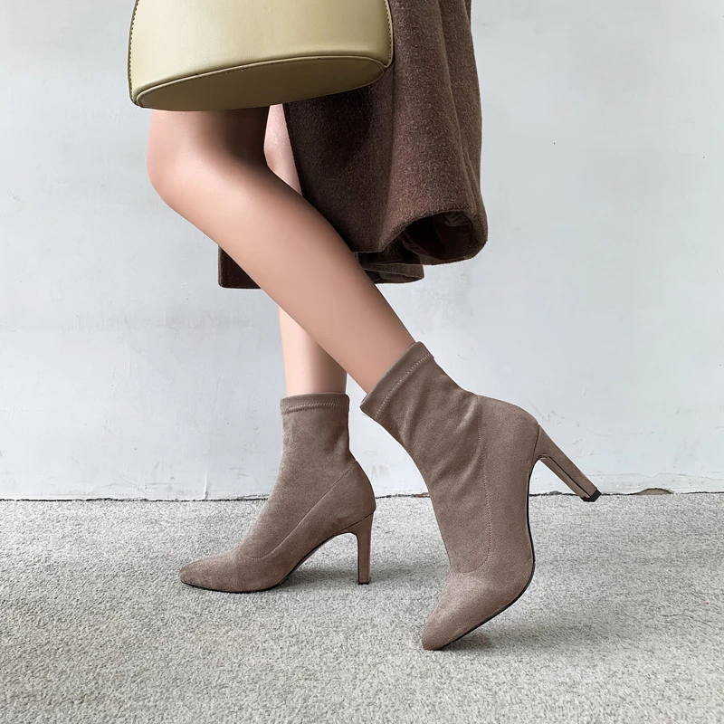 Autumn Sexy Grey Black Suede Leather Slip-on Women Thin High Heel Ankle Boots, Back/gray/khaki
Autumn Sexy Grey Black Suede Leather Slip-on Women Thin High Heel Ankle Boots, Back/gray/khaki