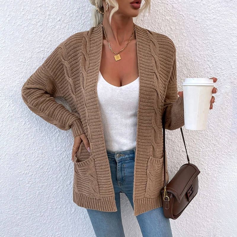 Mid-length 100%polyester solid color knitwear twist large pockets cardigan women sweater 2021
Mid-length 100%polyester solid color knitwear twist large pockets cardigan women sweater 2021