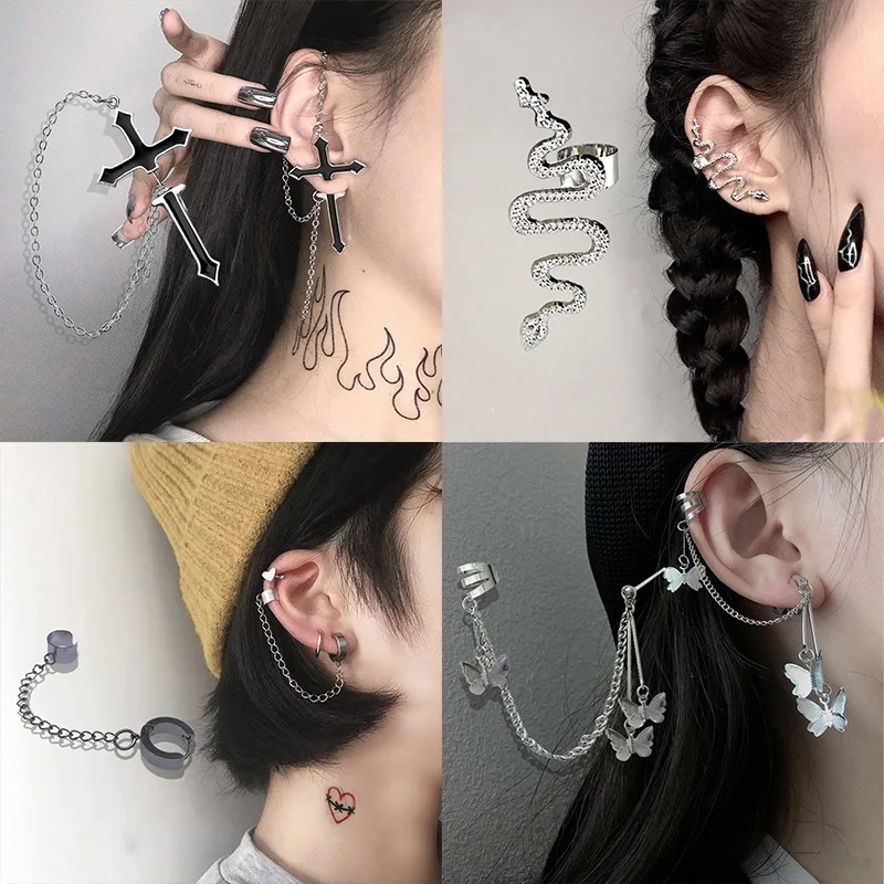 

Fashion Korean Dangle Designer Earrings Gothic Punk Huggie Snake Cross Butterfly Wrap Ear Cuff Stud Hoop Earrings For Women Men