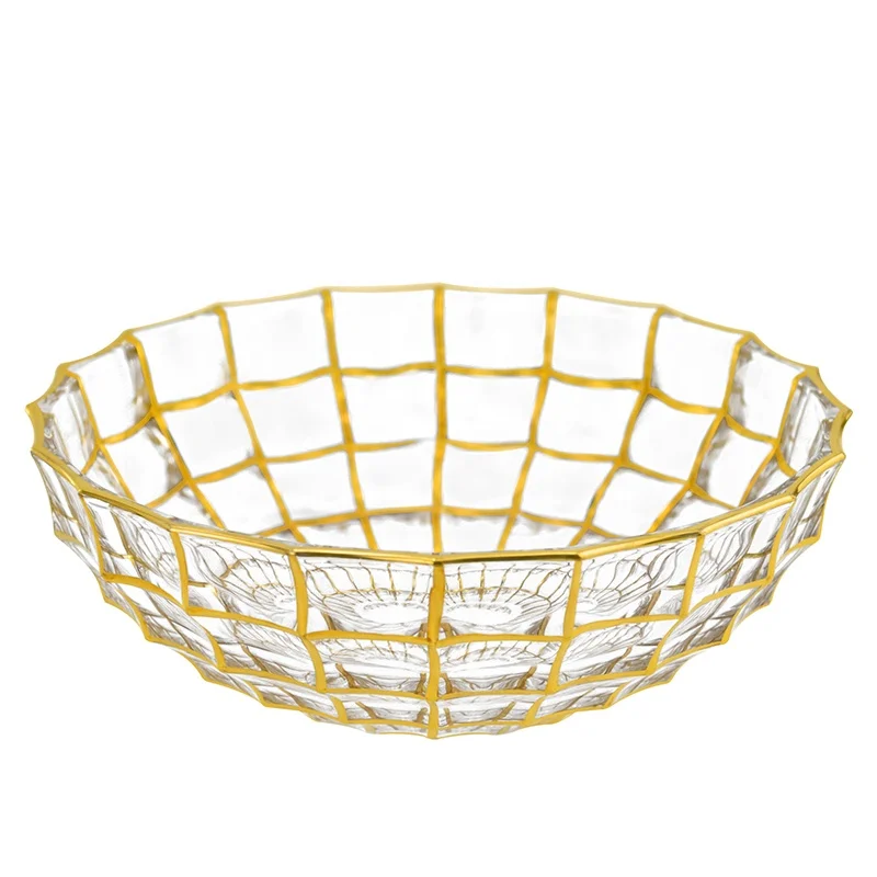 D270mm luxury gold painted diamond design glass fruit salad bowl in bulk, Transparent with golden line
D270mm luxury gold painted diamond design glass fruit salad bowl in bulk, Transparent with golden line