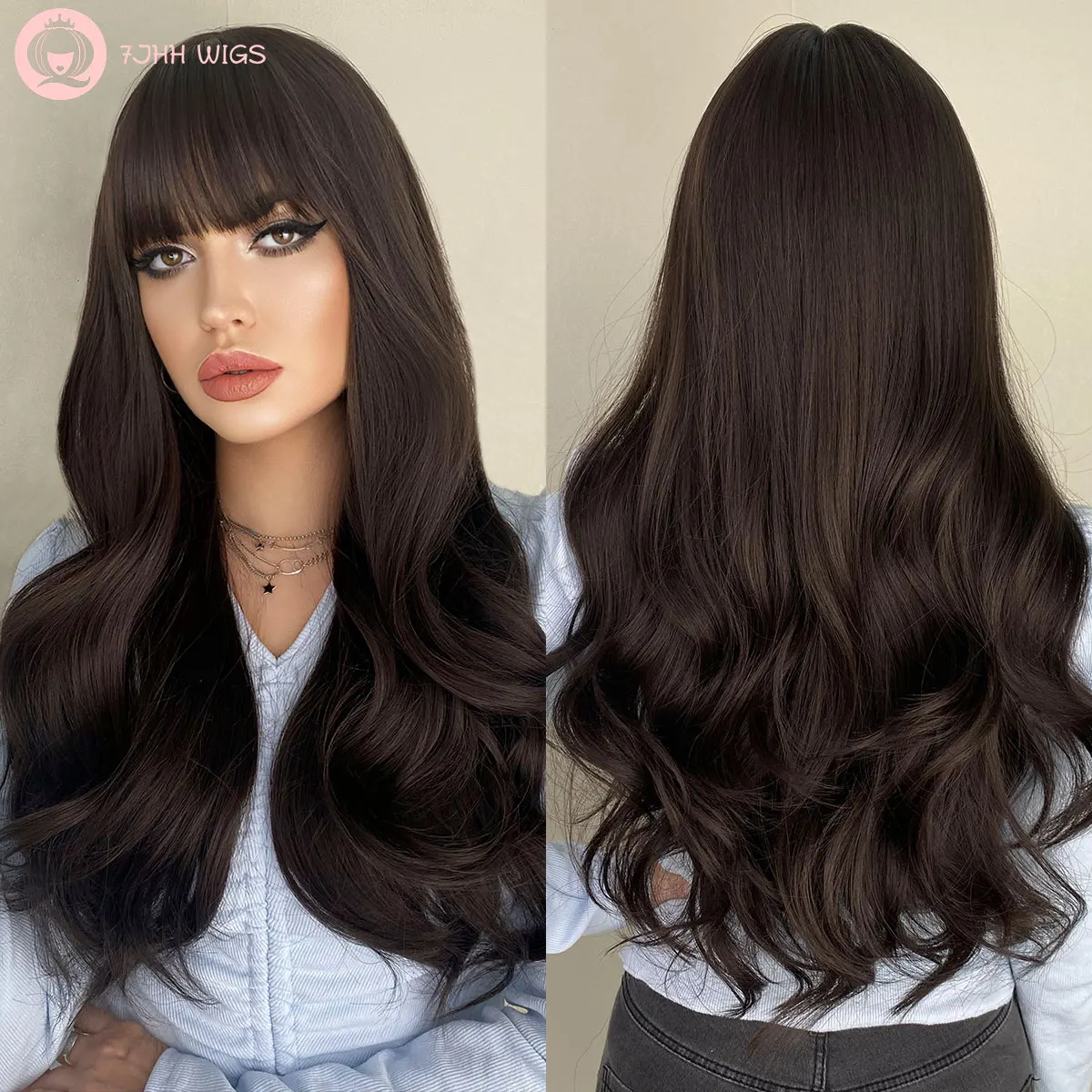 

Curly Wig with Bangs Natural Black Wig Long for Women Dark Brown Long Wavy Synthetic Wig Factory 26 Inch Daily Hair Pelucas