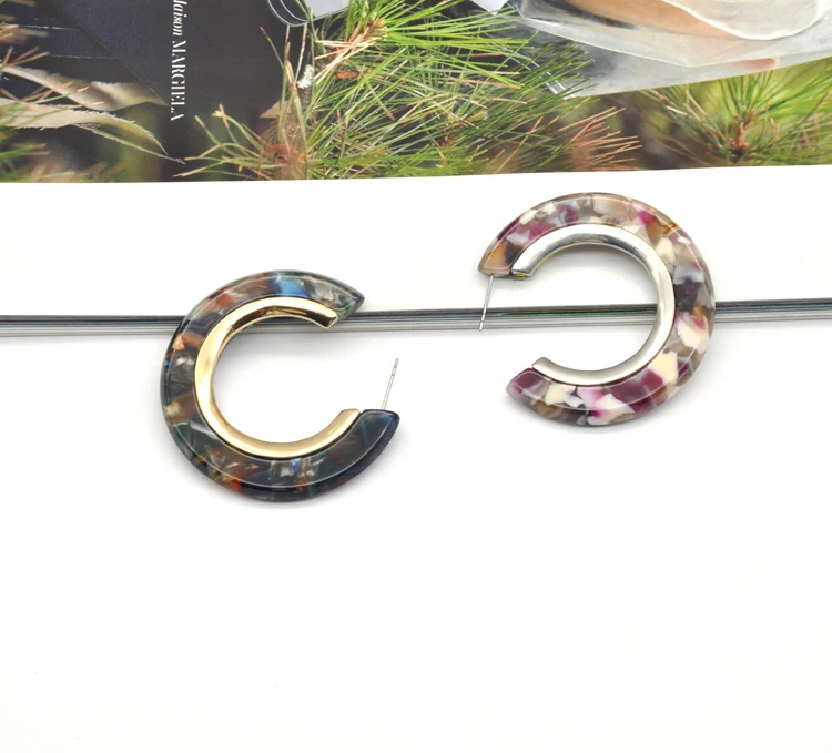 Custom rainbow multi color acetate ear jewelry for women luxury stainless steel  inlaid colorful hoop earrings