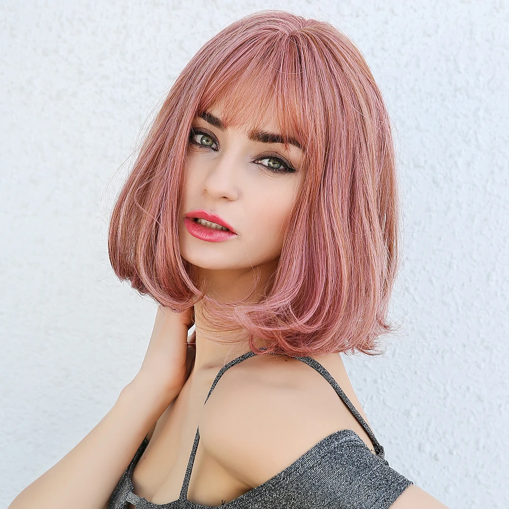 

BVR Wholesale Cheap Price Woman Pink Color Short Bob Curly Wigs With Bang