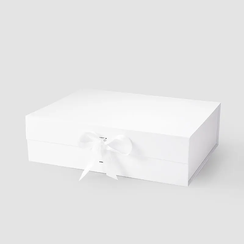 

Large white folding clothing retail packaging magnetic flap gift box with changeable ribbon