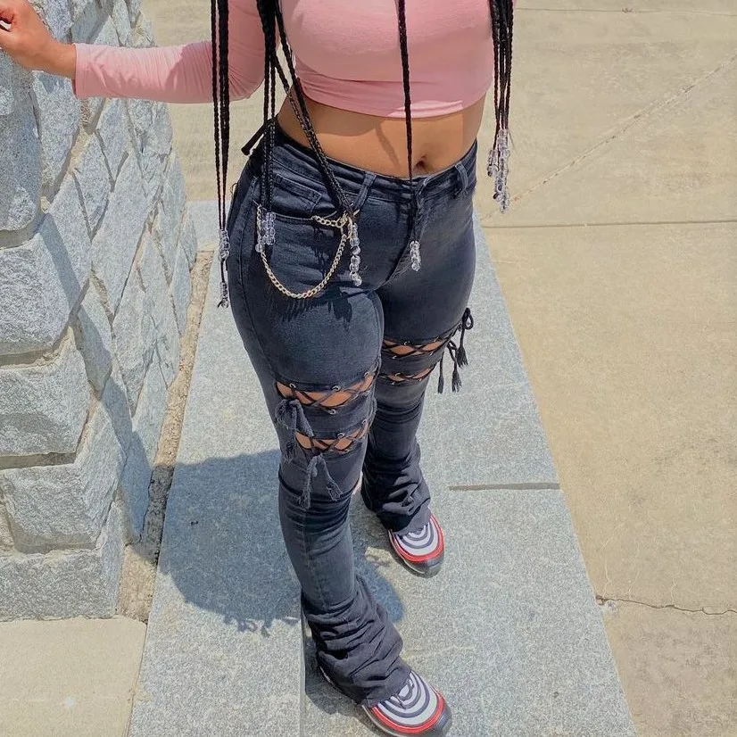 New Fashionable Lace Up Skinny Holes Streetwear Black Denim Ripped Jeans Pants Stacked Pants Trousers Jean For Women-PT 
New Fashionable Lace Up Skinny Holes Streetwear Black Denim Ripped Jeans Pants Stacked Pants Trousers Jean For Women-PT