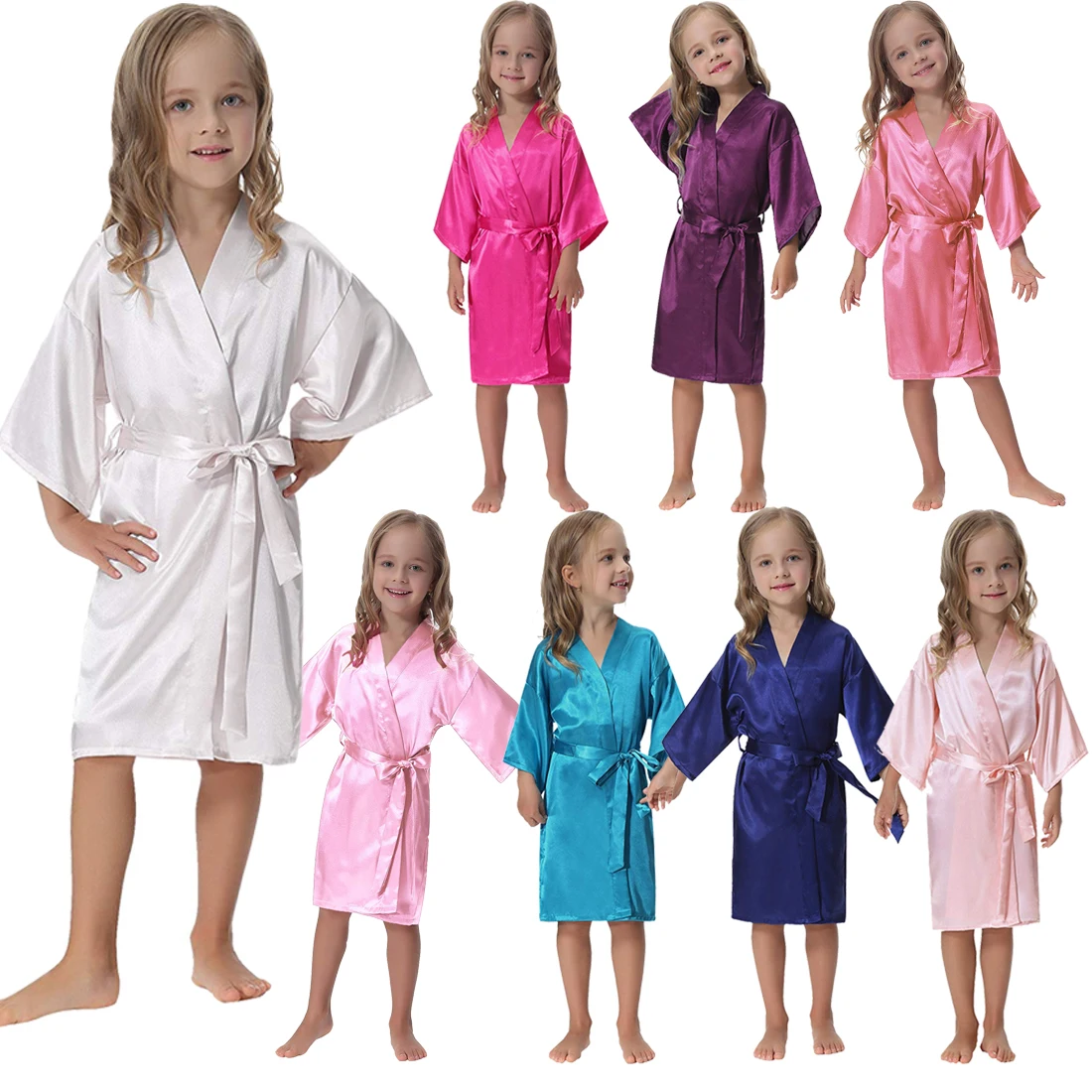 Top quality Summer Kids Satin Robes Kimono Cardigan Soft Silky Baby Bathrobe Solid Color Spa Robe