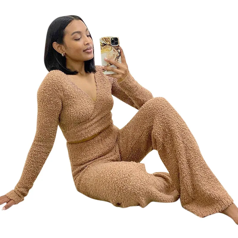 Lace Up Furry Long Sleeve Low Cut Crop Tops Ladies Outfits Drawstring Two Piece Pant Set Women Clothing
Lace Up Furry Long Sleeve Low Cut Crop Tops Ladies Outfits Drawstring Two Piece Pant Set Women Clothing