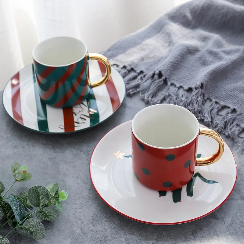 Factory promotional Christmas gift use red / black dot and Green / red stripe ceramic coffee cup tray set
Factory promotional Christmas gift use red / black dot and Green / red stripe ceramic coffee cup tray set