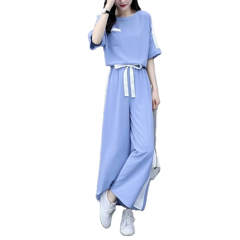 Wholesale summer new products solid color fashion leisure short sleeve T-shirt + loose wide leg pants two sets of women's suit, Blue black
Wholesale summer new products solid color fashion leisure short sleeve T-shirt + loose wide leg pants two sets of women's suit, Blue black