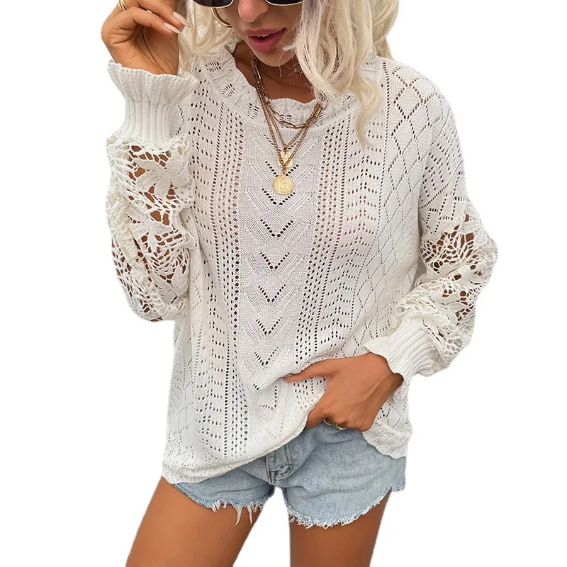 Autumn winter 2021 lace stitching sweater new hollow out women's sweater o-neck trumpet sleeve sexy casual women's Pullover
Autumn winter 2021 lace stitching sweater new hollow out women's sweater o-neck trumpet sleeve sexy casual women's Pullover