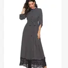 Long sleeved stand up collar button chiffon lace patchwork muslim dress