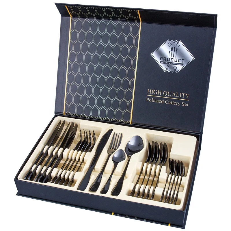 Black Knife Fork Spoon Cutlery Set 24-Piece Stainless Steel Flatware Set Service for 6, Golden/silver/rainbow/black
Black Knife Fork Spoon Cutlery Set 24-Piece Stainless Steel Flatware Set Service for 6, Golden/silver/rainbow/black