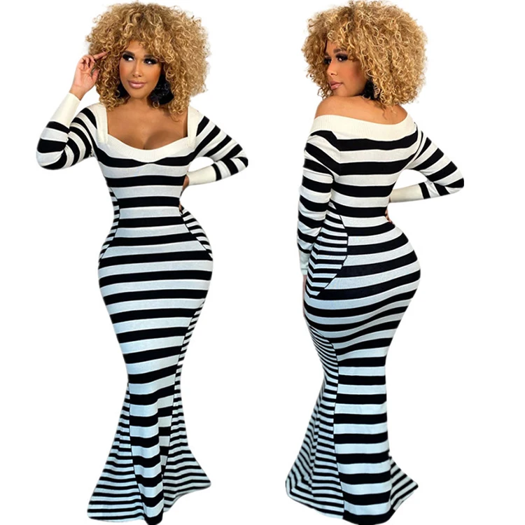 New Product Black White Striped Tight Knit Sexy Women Long Dress For Woman, Customized color
New Product Black White Striped Tight Knit Sexy Women Long Dress For Woman, Customized color