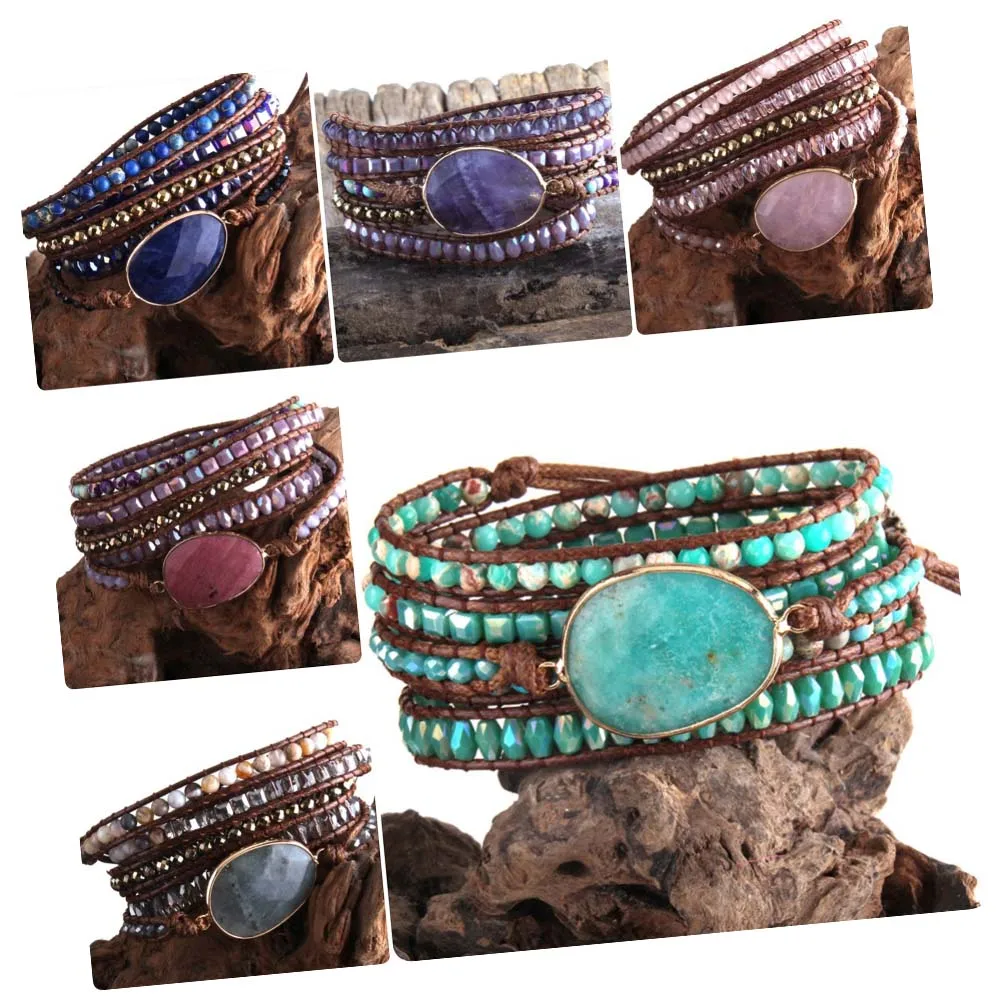 Bohemian Adjustable Natural Stone Amazonite Crystal Wrap Bracelet Vintage Handmade Leather Gem Stone Beaded Wrap Bracelets
Bohemian Adjustable Natural Stone Amazonite Crystal Wrap Bracelet Vintage Handmade Leather Gem Stone Beaded Wrap Bracelets
