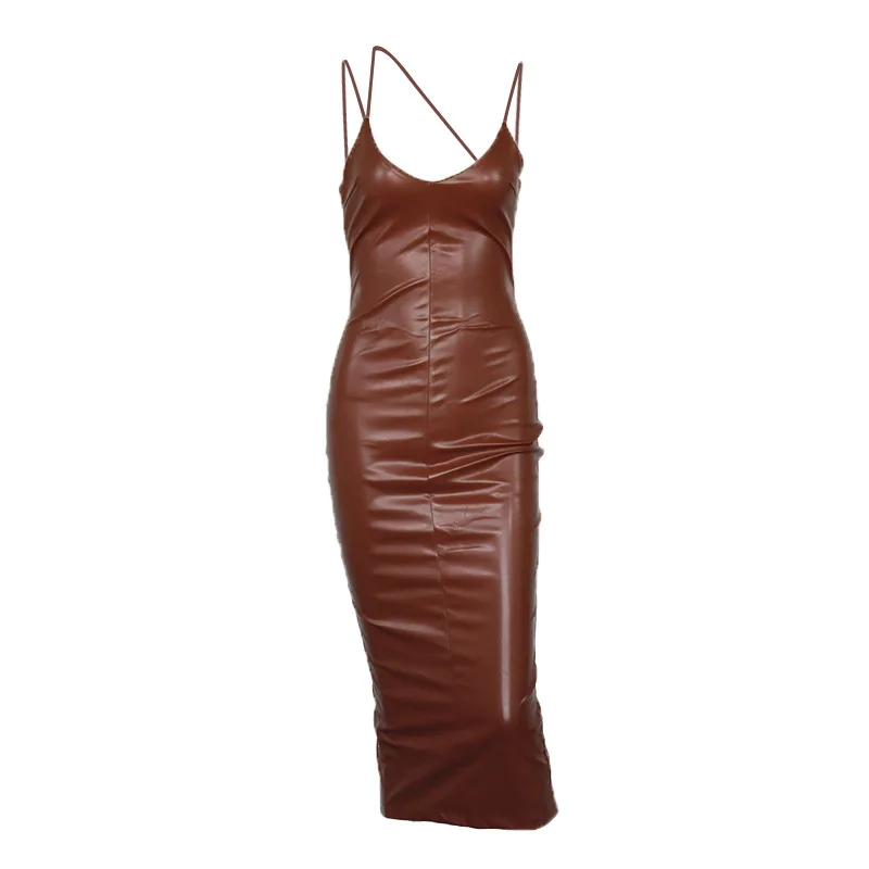 

2021 Women PU Leather Bodycon Hot Night Dress Asymmetrical Spaghetti Strap Prom Dress Sleeveless Split Club Party Dress Mjuer, Black/brown/apricot/red