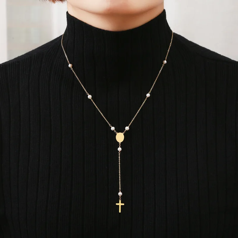 European 18K Gold Plated Stainless Steel Long Chain Freshwater Pearl Necklace Virgin Mary Cross Pendant Necklace
European 18K Gold Plated Stainless Steel Long Chain Freshwater Pearl Necklace Virgin Mary Cross Pendant Necklace