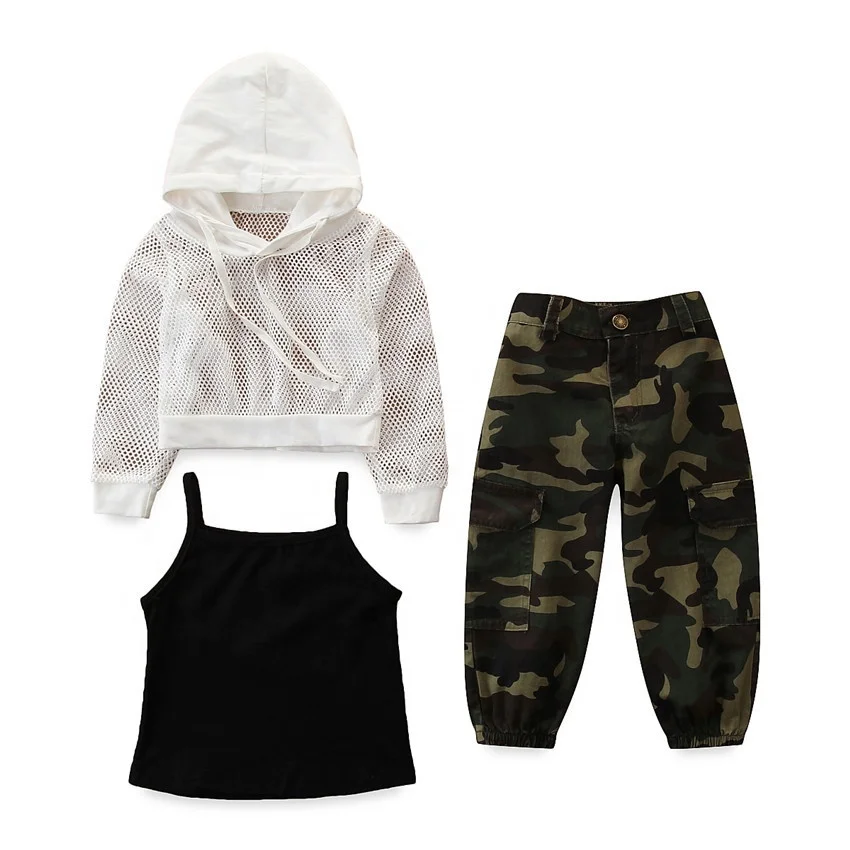 Fashion Korean children's clothing mesh hoodie sling top camouflage pants 3pcs clothing set baby girl outfits
Fashion Korean children's clothing mesh hoodie sling top camouflage pants 3pcs clothing set baby girl outfits