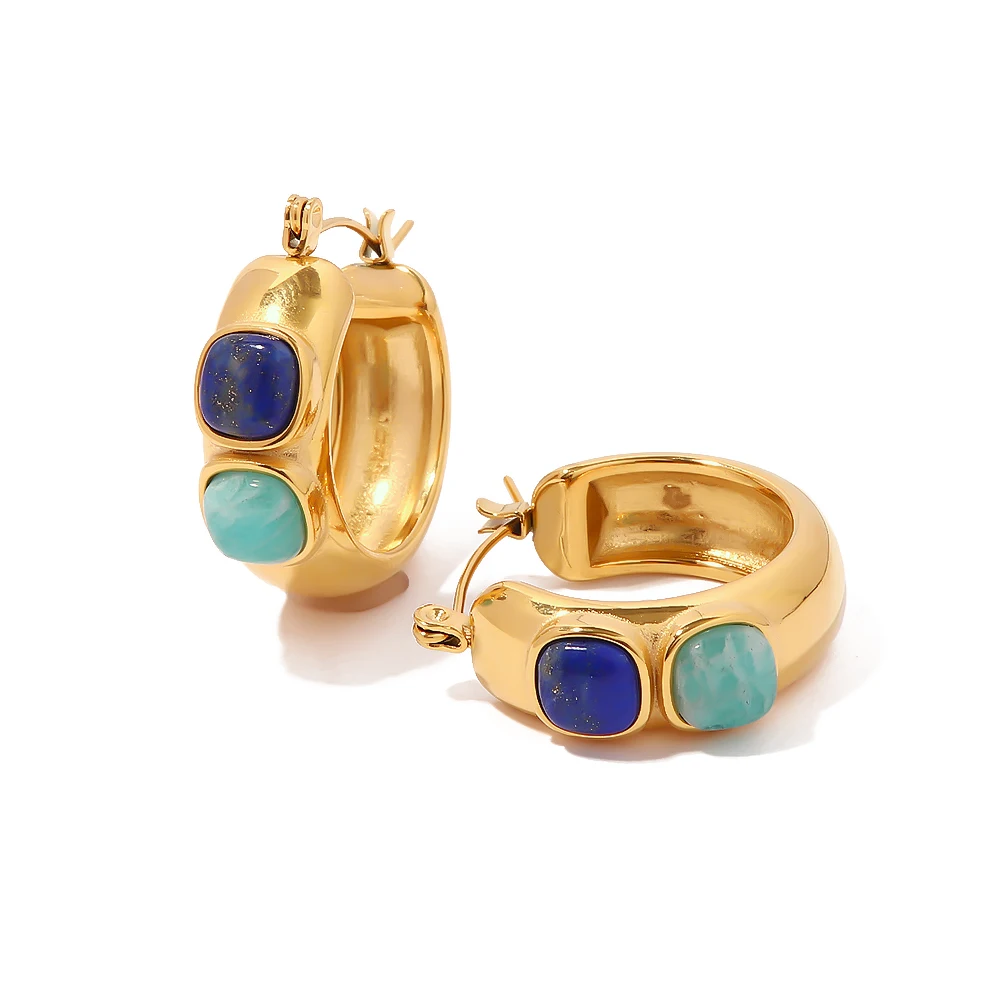 

Waterproof 18k Gold Plated Stainless Steel Jewelry Lapis Lazuli Turquoise Snake C Shaped Hoop Earrings