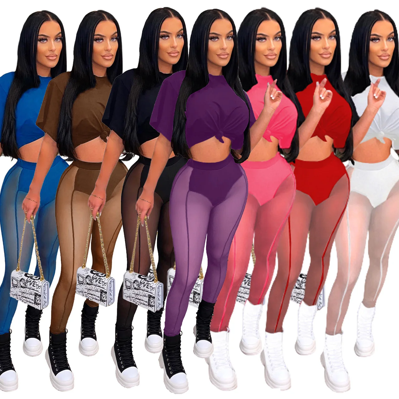 Fashion Design Women Crop Top Two Piece Set Mesh Patchwork Trousers 2022 Summer Clothes Casual T shirt Pants Set See Through
Fashion Design Women Crop Top Two Piece Set Mesh Patchwork Trousers 2022 Summer Clothes Casual T shirt Pants Set See Through