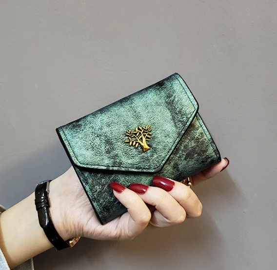 Vintage PU leather tri-fold coin purse small tree metal buckle wallet, Black, pink, brown, green
Vintage PU leather tri-fold coin purse small tree metal buckle wallet, Black, pink, brown, green