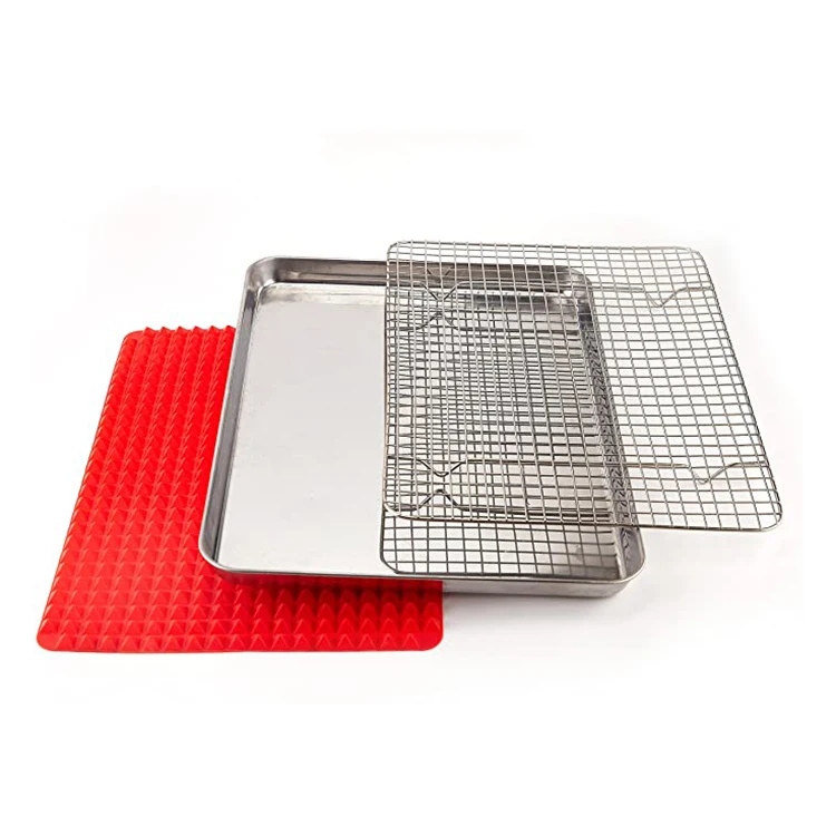 15.7x11.8x1 inches Stainless Steel Baking Sheet with Cooling Rack and Pyramid Silicone Baking Mat Bakewar Non Stick Bakeware Set, Silver tray with red baking mat
15.7x11.8x1 inches Stainless Steel Baking Sheet with Cooling Rack and Pyramid Silicone Baking Mat Bakewar Non Stick Bakeware Set, Silver tray with red baking mat