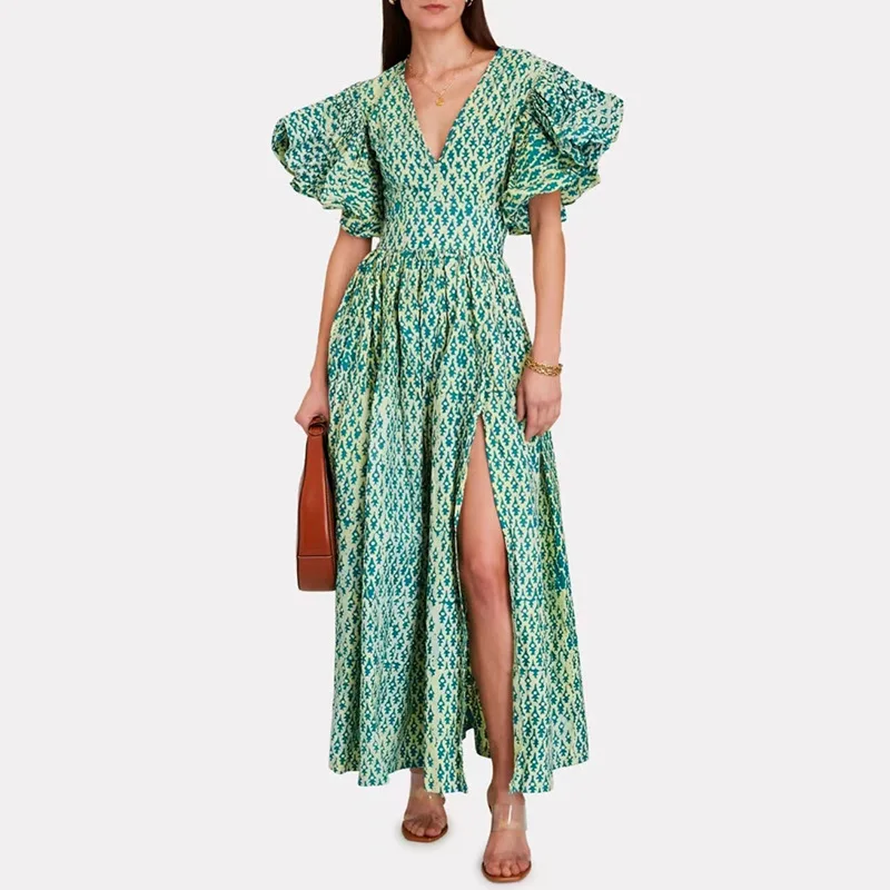 New style puff sleeve high slit dress sexy ruched V neck long Loose elegant casual dresses for women
New style puff sleeve high slit dress sexy ruched V neck long Loose elegant casual dresses for women