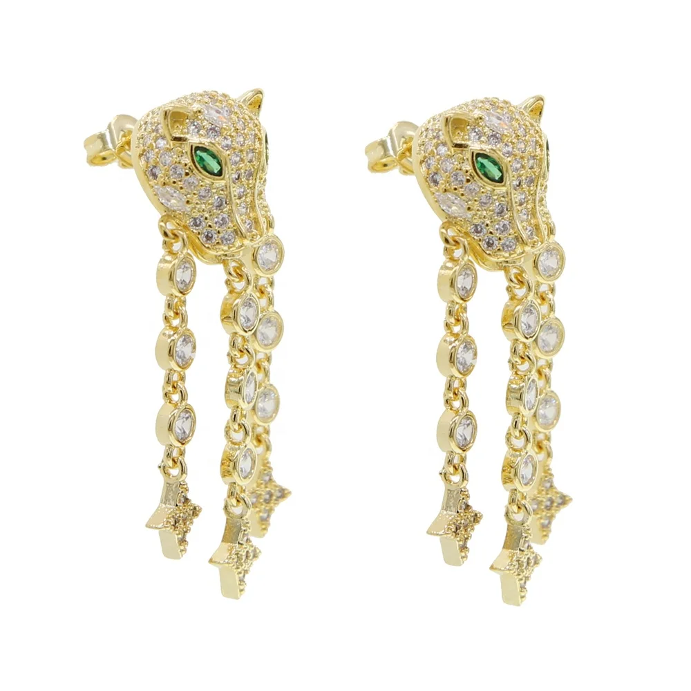 Bling cz cute animal Leopard charm dangle earrings minimal round cz link chain star charm tassel women jewelry for women wedding
Bling cz cute animal Leopard charm dangle earrings minimal round cz link chain star charm tassel women jewelry for women wedding