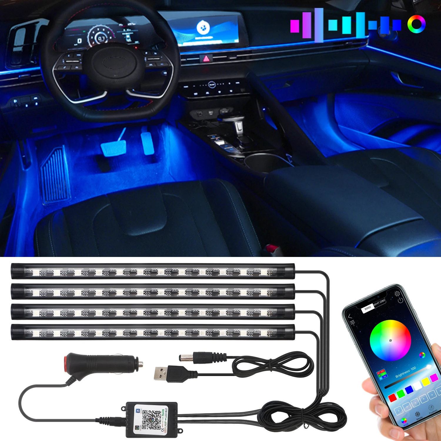 

RGB 5050 Foot Decorative LED Strip Light Atmosphere Car interior ambient Lights With APP Music Wireless Remote Control