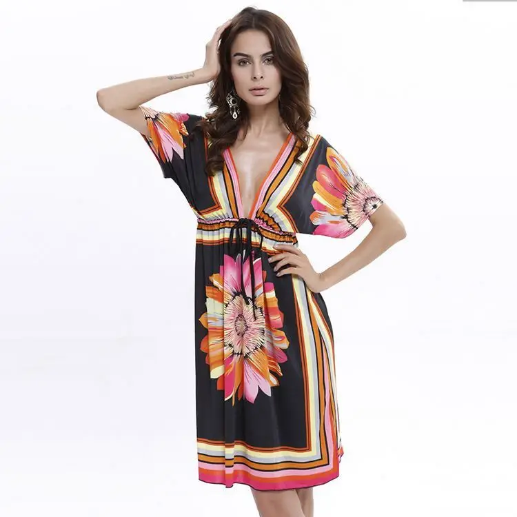 Autumn V-neck milk-silk dress plus-size beach dress