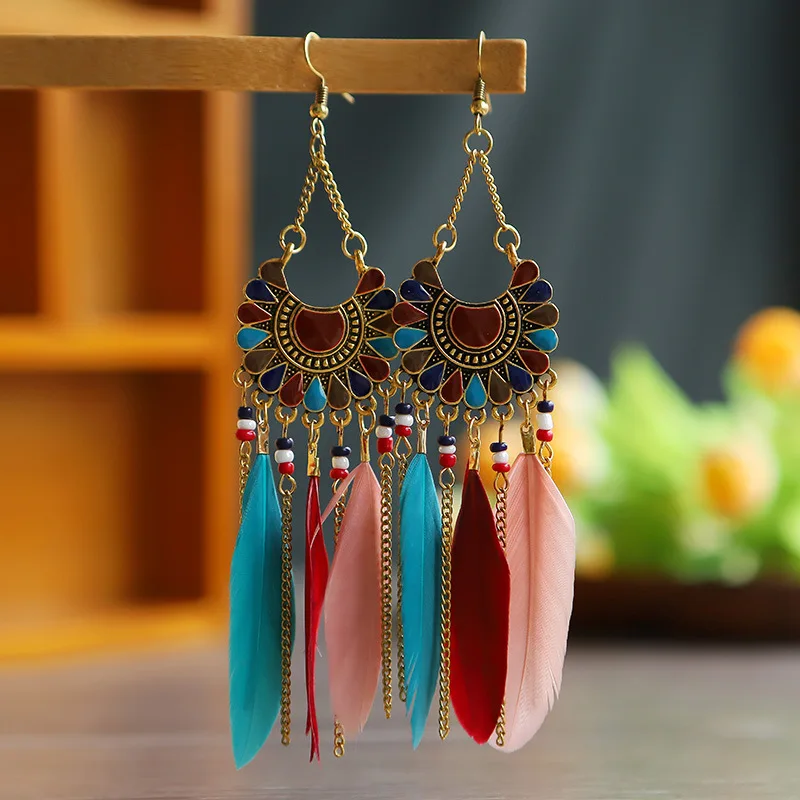 Creative Ethnic Style Feather Tassel Pendants Earrings Bohemian Colorful Fan Shaped Oil Drop Feather Earrings
Creative Ethnic Style Feather Tassel Pendants Earrings Bohemian Colorful Fan Shaped Oil Drop Feather Earrings