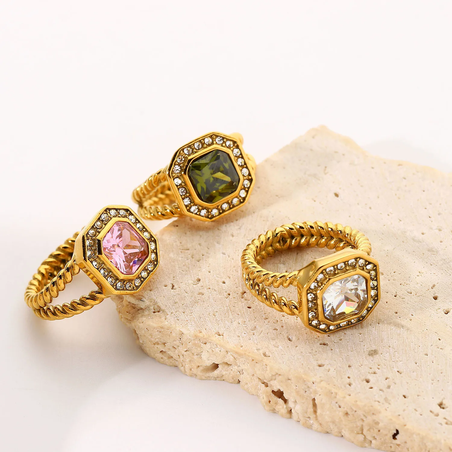 BAYES New Arrival Stainless Steel 18K Gold Plated Jewelry stone rings Crystal Gemstone Double Layer Twist ring for Girl
BAYES New Arrival Stainless Steel 18K Gold Plated Jewelry stone rings Crystal Gemstone Double Layer Twist ring for Girl
