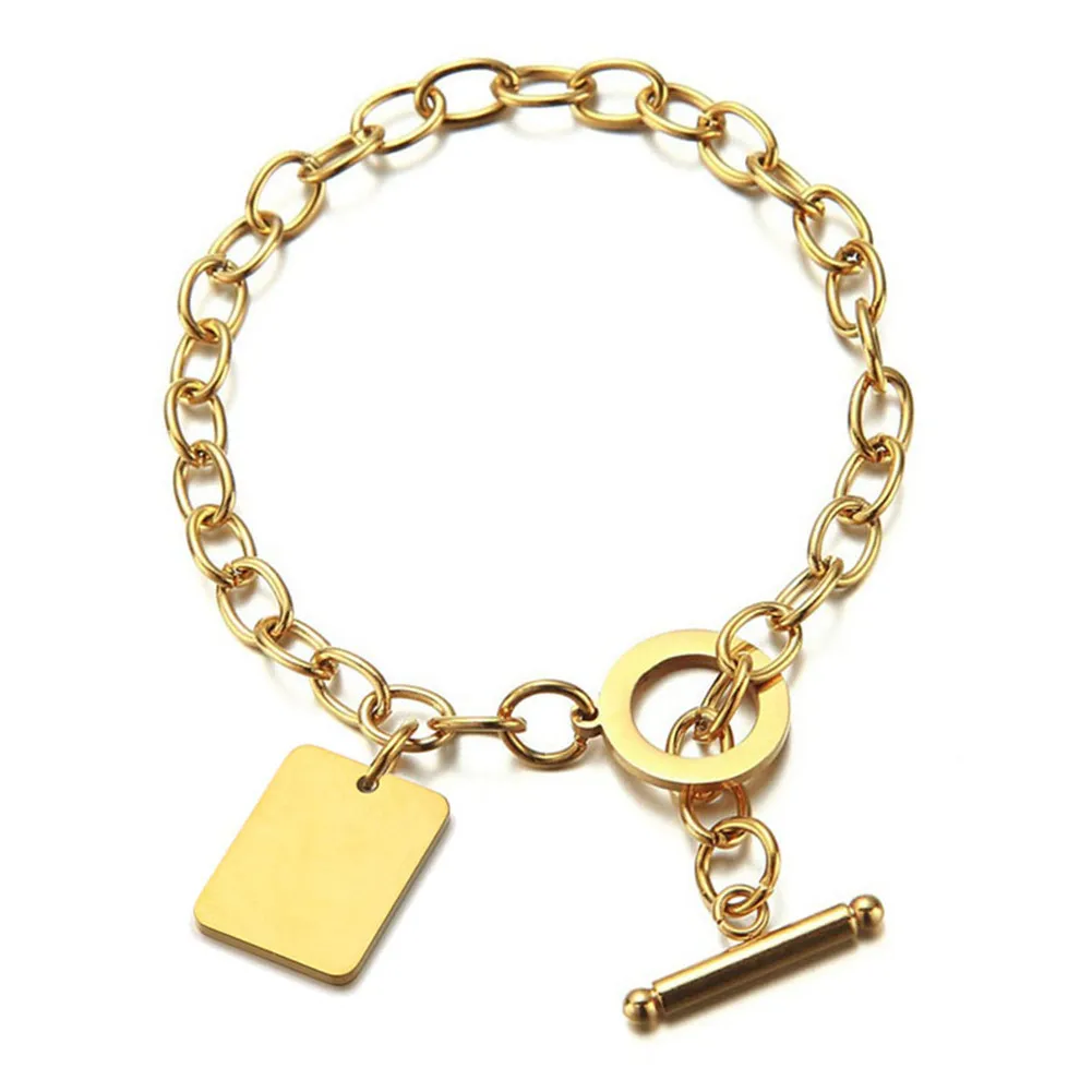 

2021 Newest Arrival 14k Gold Plated 316L Stainless Steel OT Clasp Lock Bracelet Metal Card Link Chain Bracelet