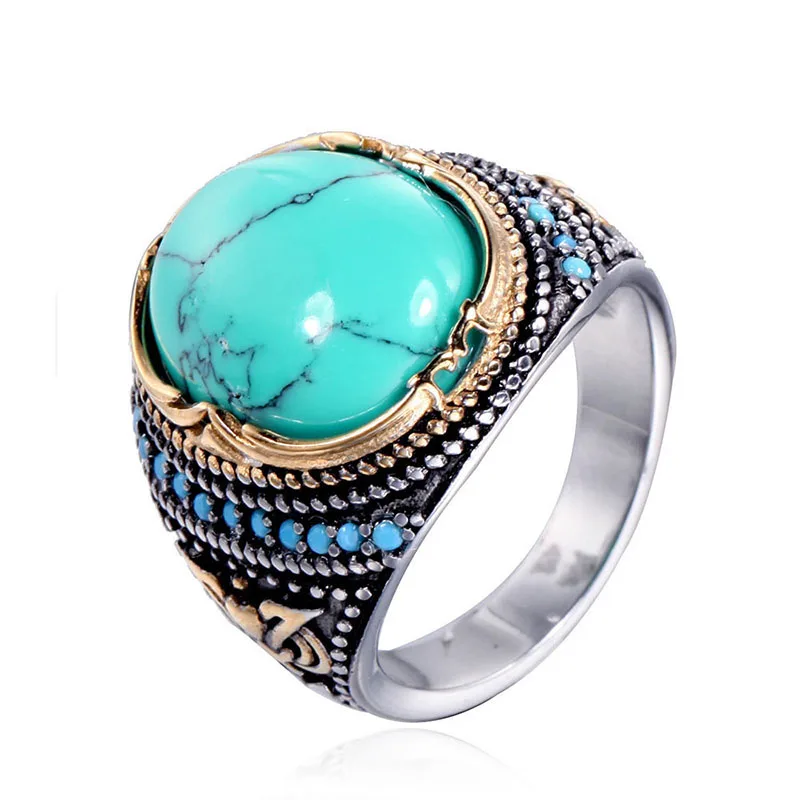 

2021 Amazon Hot Sale Natural Turquoise Ring Vintage Punk Gemstone Men's Stainless Steel Ring, White