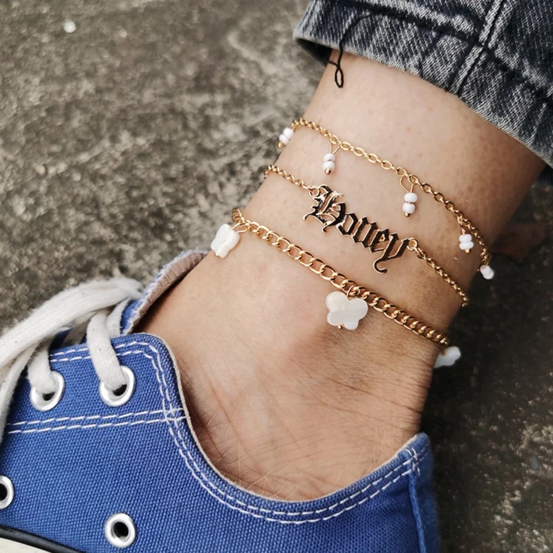 3pcs Women's Simple personality multi-layer lettering white butterfly pendant anklet set, Gold
3pcs Women's Simple personality multi-layer lettering white butterfly pendant anklet set, Gold