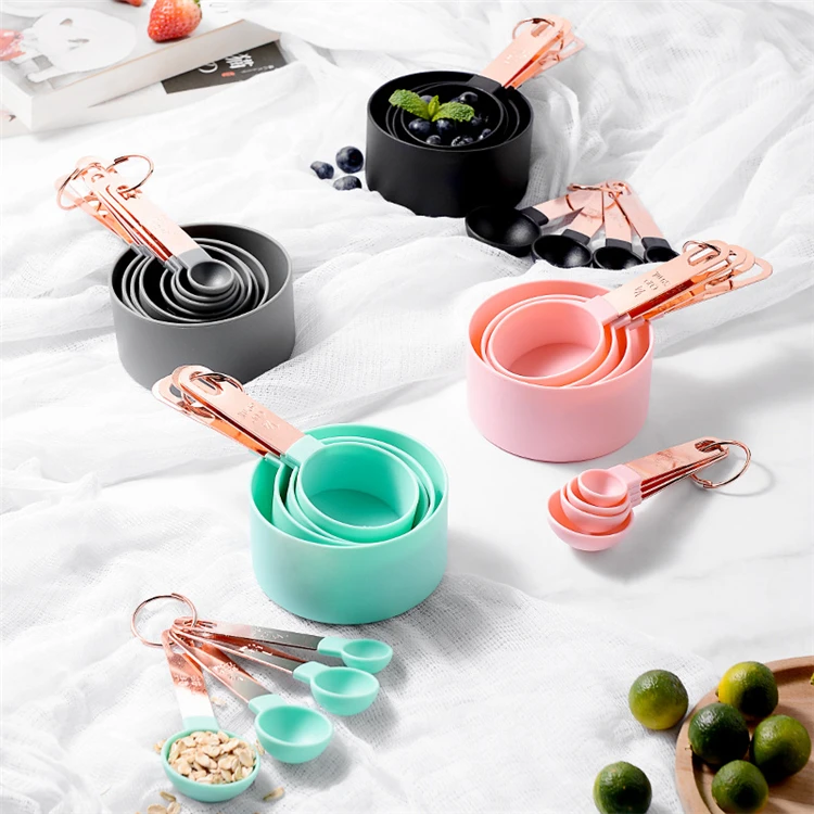 New style rose gold plated stainless steel measuring spoons and measuring cups, White and rose gold
New style rose gold plated stainless steel measuring spoons and measuring cups, White and rose gold