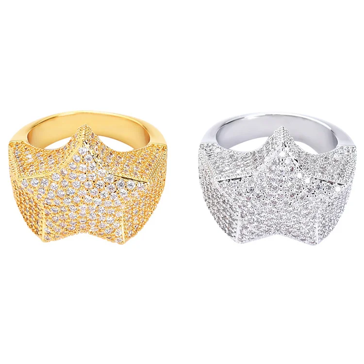 European and American Five-pointed zircon ring Real gold plated zircon micro-inlaid hip Hop men's ring
European and American Five-pointed zircon ring Real gold plated zircon micro-inlaid hip Hop men's ring