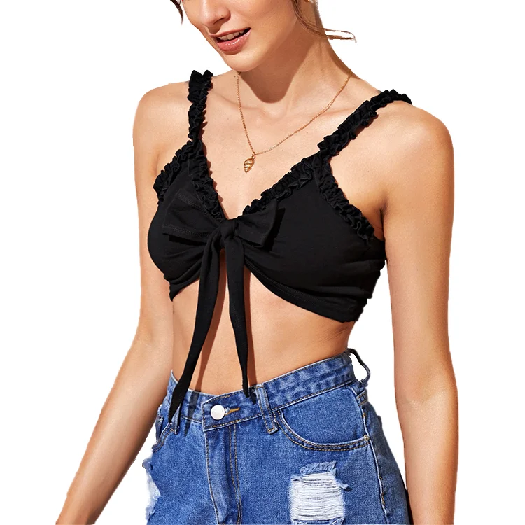 Summer Boho Black Frill Trim Tie Front Crop Tank Top Women Bow Straps Sleeveless Lady Shirt Ruffle Plain Vest, Customized color
Summer Boho Black Frill Trim Tie Front Crop Tank Top Women Bow Straps Sleeveless Lady Shirt Ruffle Plain Vest, Customized color