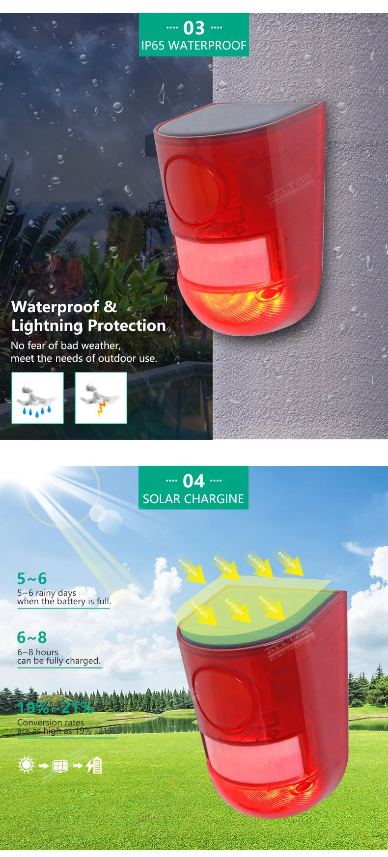 Cheaper price PIR motion sensor outdoor wireless security alarm system 129db loud siren solar home alarm security wall light