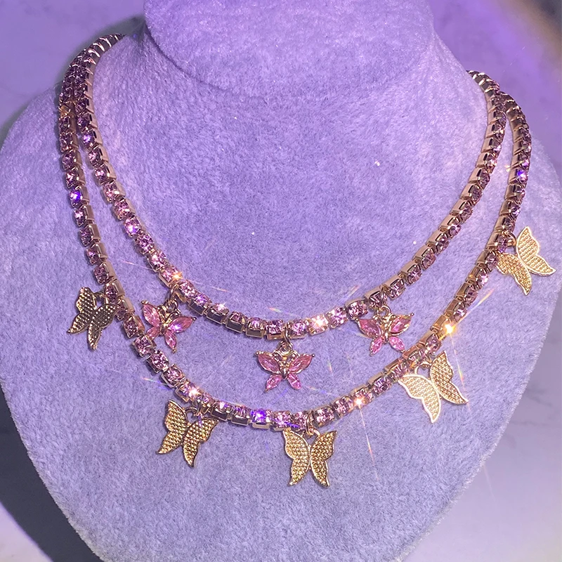 2pcs/set Luxury Women Pink Bling Tennis Chain Choker Necklace Party Jewelry Crystal cuban Butterfly Tennis Necklace
2pcs/set Luxury Women Pink Bling Tennis Chain Choker Necklace Party Jewelry Crystal cuban Butterfly Tennis Necklace