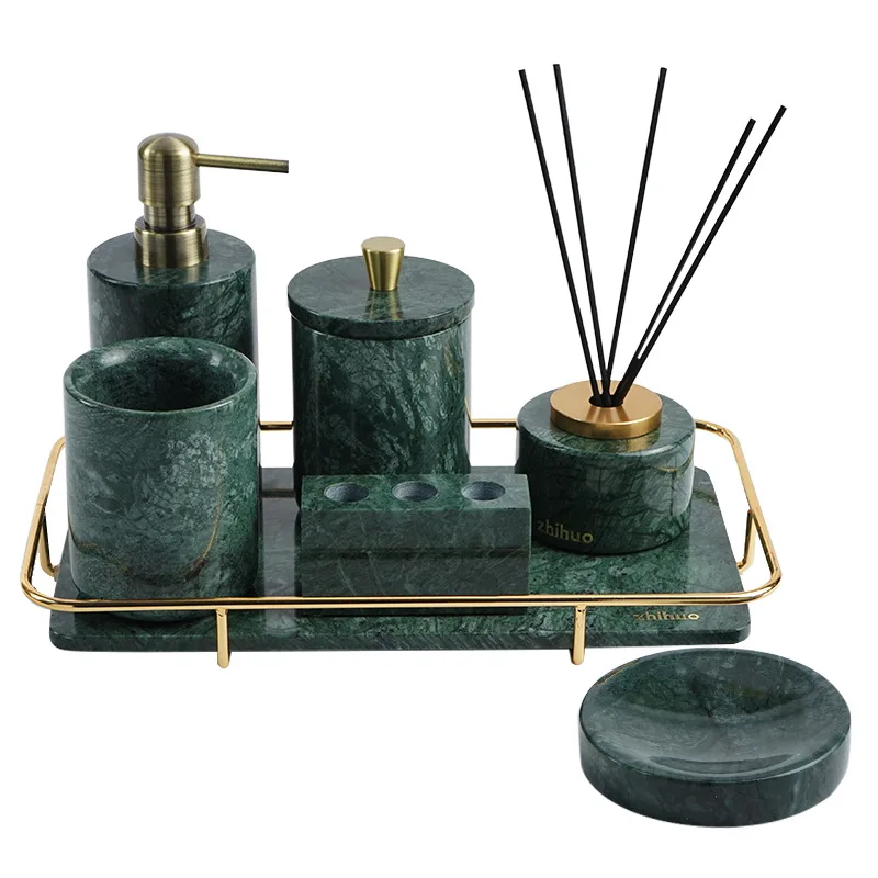 European style simple marble bathroom five-piece set shower bottle storage tray, White/green
European style simple marble bathroom five-piece set shower bottle storage tray, White/green