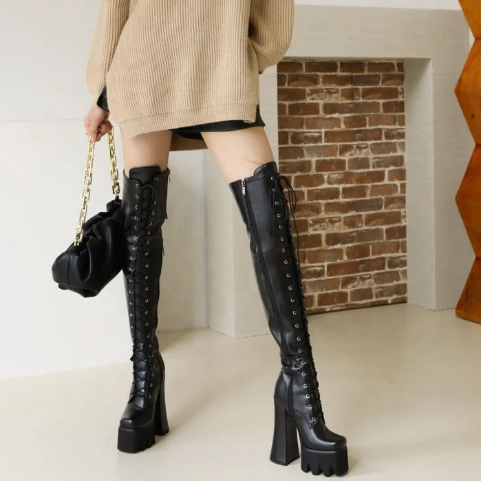 Solid Black Lace Up Round Toe Platform Ladies Over the Knee High Boots Side Zipper Sexy Chunky Heel Pole Dancing Women Shoes
Solid Black Lace Up Round Toe Platform Ladies Over the Knee High Boots Side Zipper Sexy Chunky Heel Pole Dancing Women Shoes