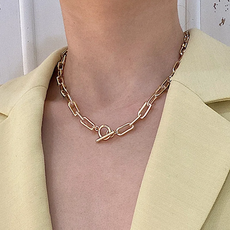 

Box Chain Toggle Clasp Gold Necklace Mixed Linked Circle Necklaces For Women Minimalist Choker Necklace N2103283, Picture shows