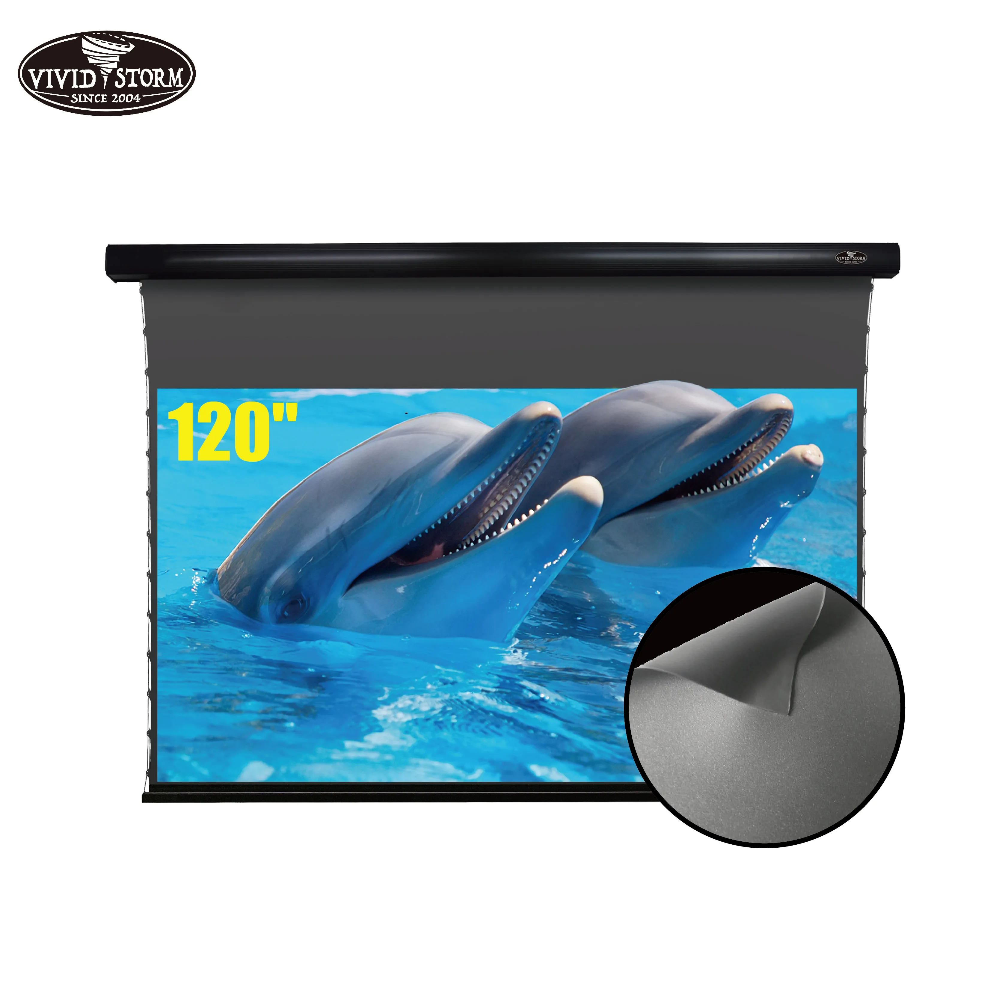 

VIVIDSTORM 120 inch Slimline Electric Tab-tensioned pull down obsidian long throw ambient light rejecting screen material 4k hd