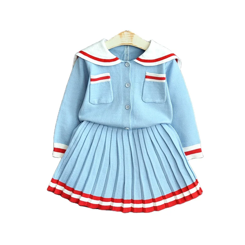 Girls navy style knitted spring and autumn baby girl knitted cardigan + pleated skirt suit
Girls navy style knitted spring and autumn baby girl knitted cardigan + pleated skirt suit