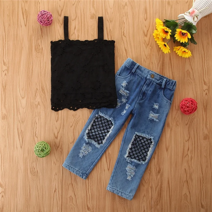 Kids Girls Summer Clothes Sets Girls Clothing kids black T Shirt Tops+ Denim pants 2pcs Set girls hole jeans, As picture
Kids Girls Summer Clothes Sets Girls Clothing kids black T Shirt Tops+ Denim pants 2pcs Set girls hole jeans, As picture