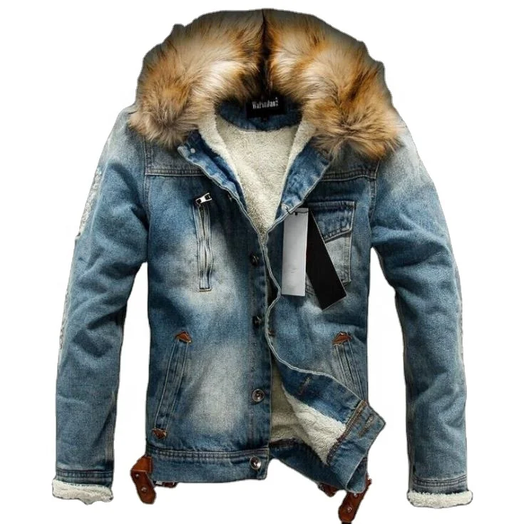 

Custom Male Mear Fur Collar Men's Jean Jacket Denim Fleece Lined Coat Men's Plus Size Jacket Youth Streetwear Denim Jacket Male, Black,blue