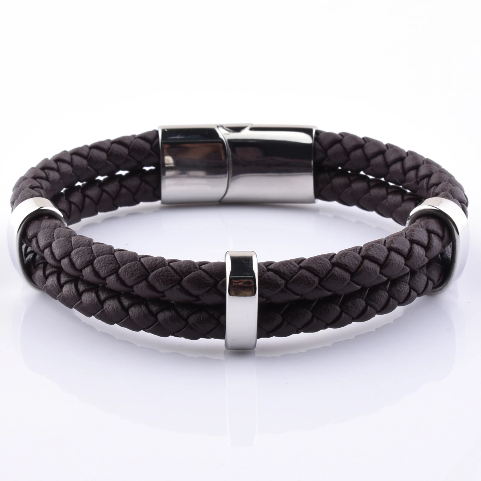 

High Quality Double Brown Braided Leather Silver Charm Stainless Steel Double Genuine Leather Clasp Bracelet
