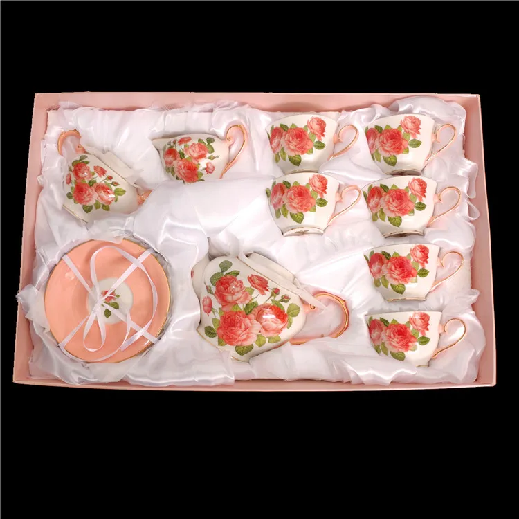 Elegant coffee ware 17 pieces new bone China coffee 6 cups 6 saucers tea pot pink ceramic tea set