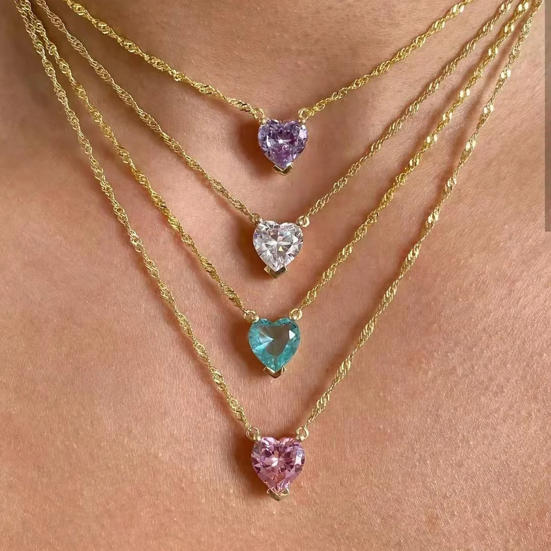 Cubic Zircon Heart Necklace Stainless Steel Jewelry 18k Gold Shiny Purple Green Pink White CZ Stone Diamond Pendant Necklace 
Cubic Zircon Heart Necklace Stainless Steel Jewelry 18k Gold Shiny Purple Green Pink White CZ Stone Diamond Pendant Necklace